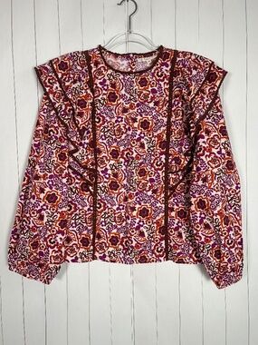 Laroque size M top boho peasant long sleeve purple floral cotton western cottage